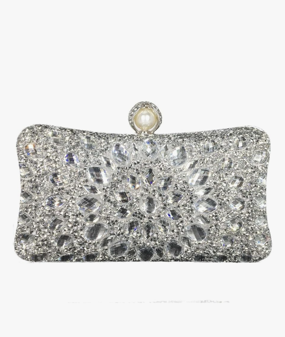 Boutique De FGG Pearl Clasp Crystal Clutch Purses for Women Evening Bags Wedding Handbag Party Rhinestone Clutch Bag,Mini