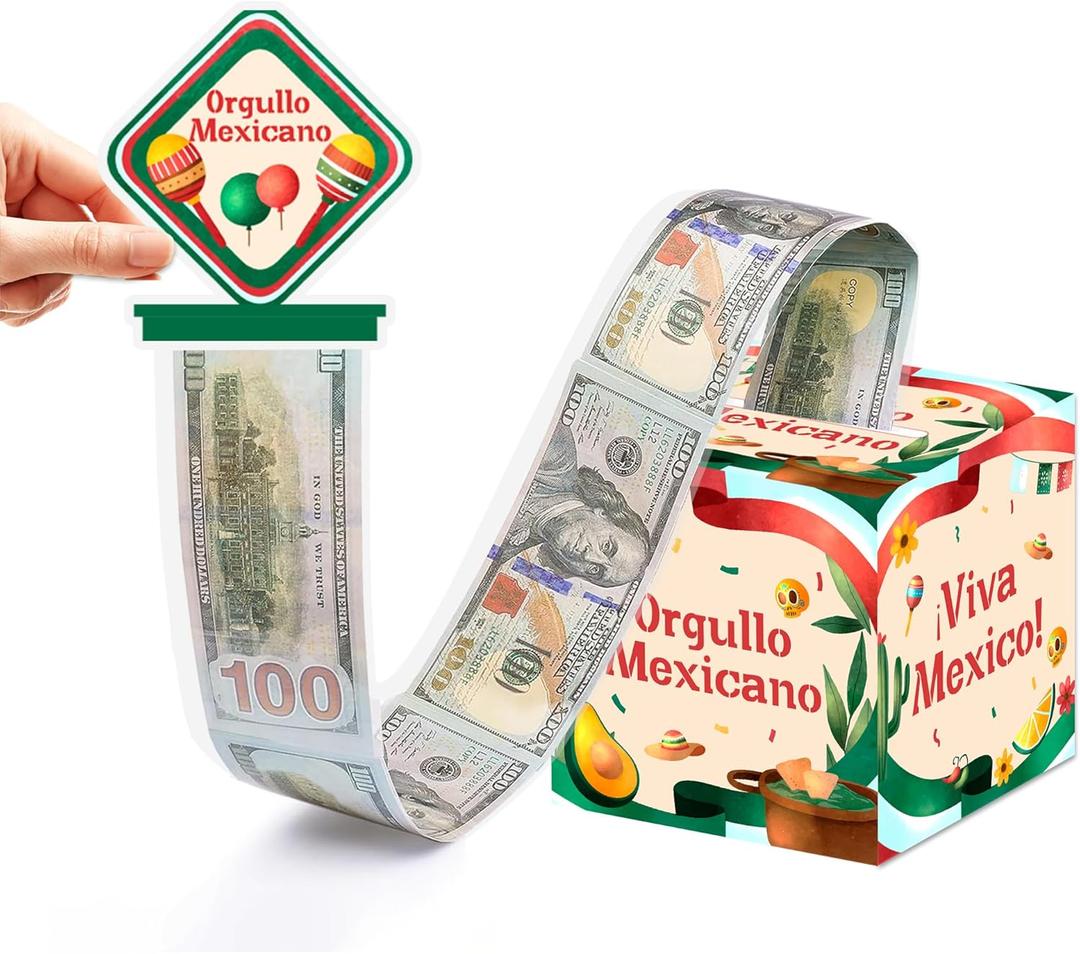 2 x Mexico Independence Day Birthday Money Box Gifts for Cash Pull, Happy Birthday Boxes Gifts for Money Pull Out Card, 50Pcs Transparent Bags (Apricot)