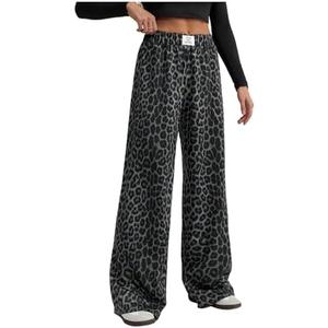 RoseSeek Women's Leopard Print Wide Leg Pants Patched Elastic Waist Casual Loose Trousers,Size 3XL
