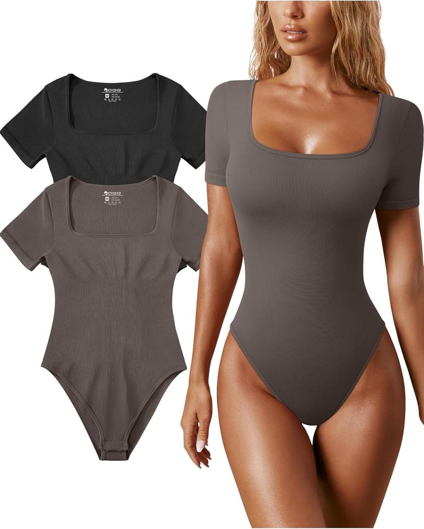 OQQ Women's 2 Piece Bodysuits Sexy Ribbed One Piece Square Neck Short Sleeve Bodysuits (Large, Black Tea Leaf)