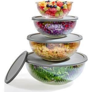 8pc Ribbed Glass Mixing Bowls with Leakproof Airtight Lids - BPA-Free Meal Prep Stackable Space Saving Nesting, Kitchen Baking Food Storage & Serving Containers - Microwave, Freezer, Dishwasher Safe., Gray