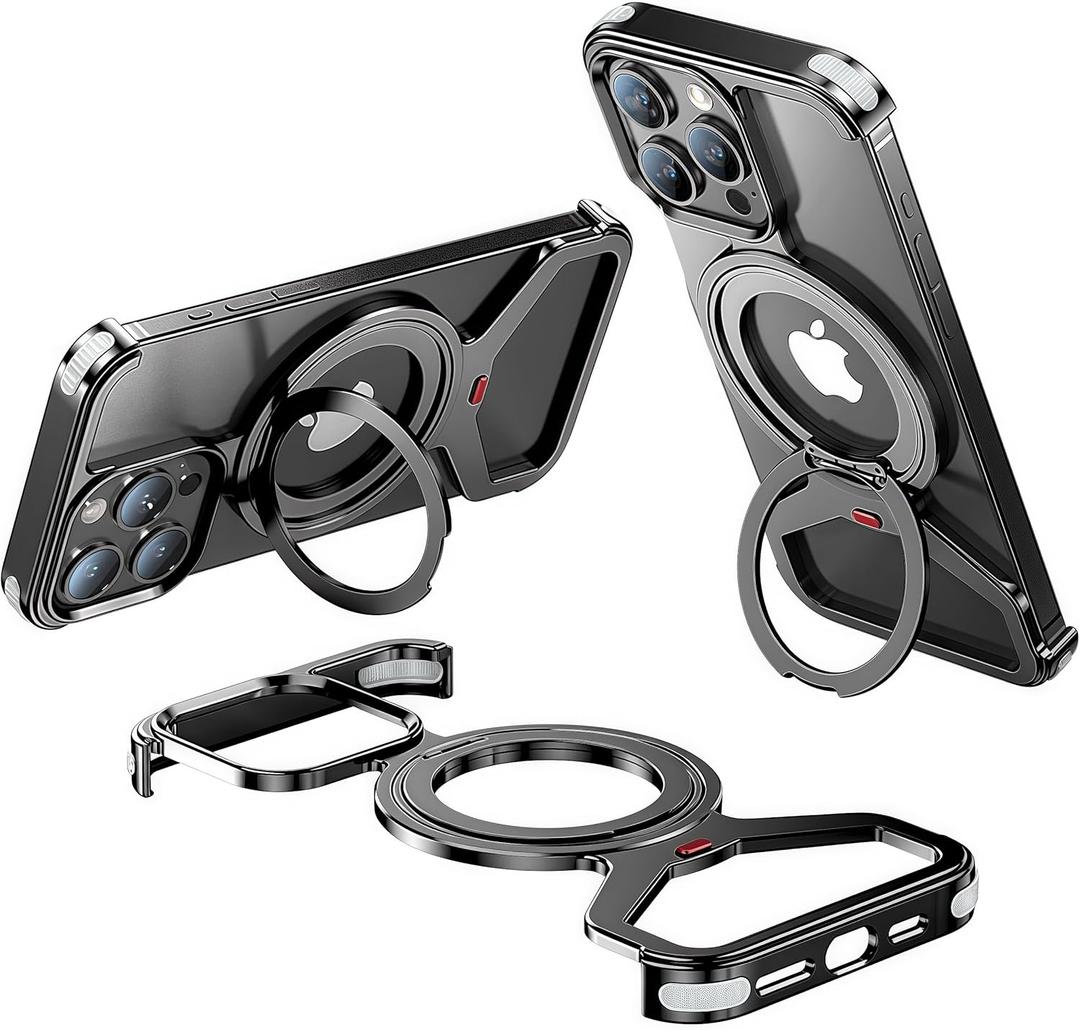 Fit for MagSafe iPhone 15 Pro Metal Frame Case, Military-Grade Shockproof Adjustable Metal Body. 360 Adjustable Ring Kickstand. Drop-Proof airbags. Metal Button. Black.