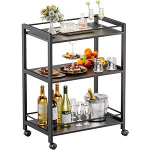 Bar Cart Black, Serving Cart for Home, 3 Tier Drinks Cart with Wheels, Rolling Beverage Cart for Kitchen Dining Living Room, 64 cm x 40 cm x 85 cm