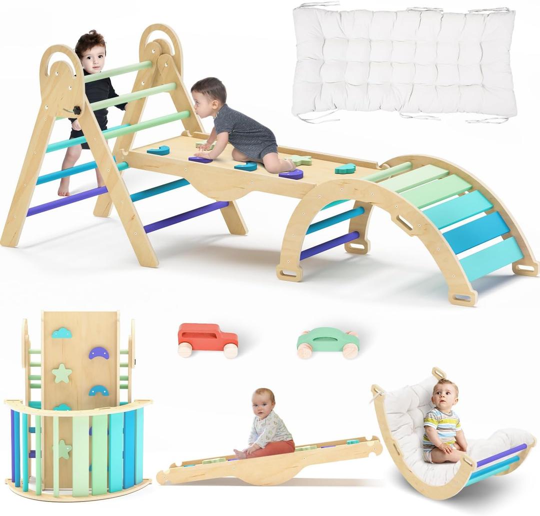Pikler Triangle Set with Cushion, Montessori Climbing Set, Indoor Climb Toys, Indoor Playground Jungle Gyms, 9 Combinations Climbing Toy Set for Toddler, Baby, Kids 1-4 (Blue & 2car & Cushion)