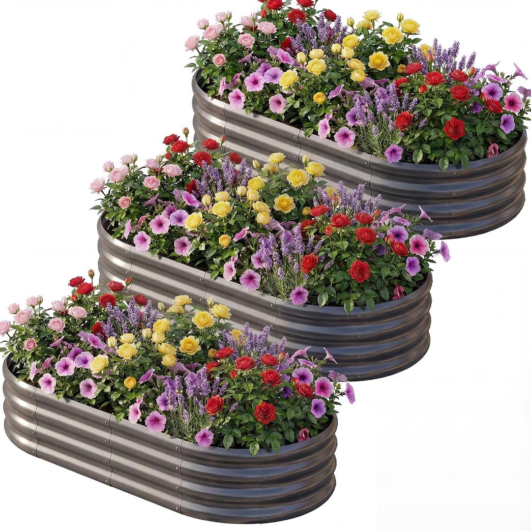 AHEONLAR 3 Pack 631ft Galvanized Raised Garden Bed, Oval Durable Planter Boxes Outdoor for Vegetables, Fruits, Flowers and Plants, Quick Assembly, Grey