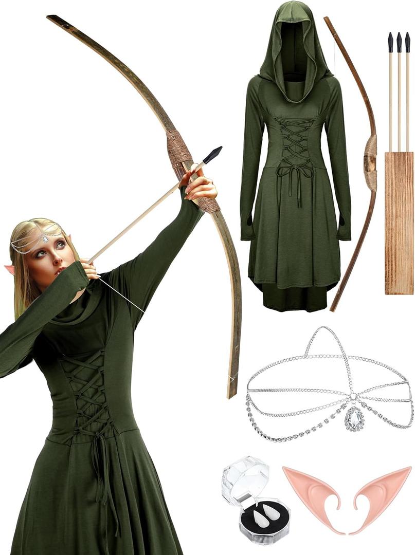 Xtinmee 5 Pcs Women Renaissance Elf Costume Medieval Irish Viking Fairy Costume for Masquerade Halloween Cosplay (Medium, Green)