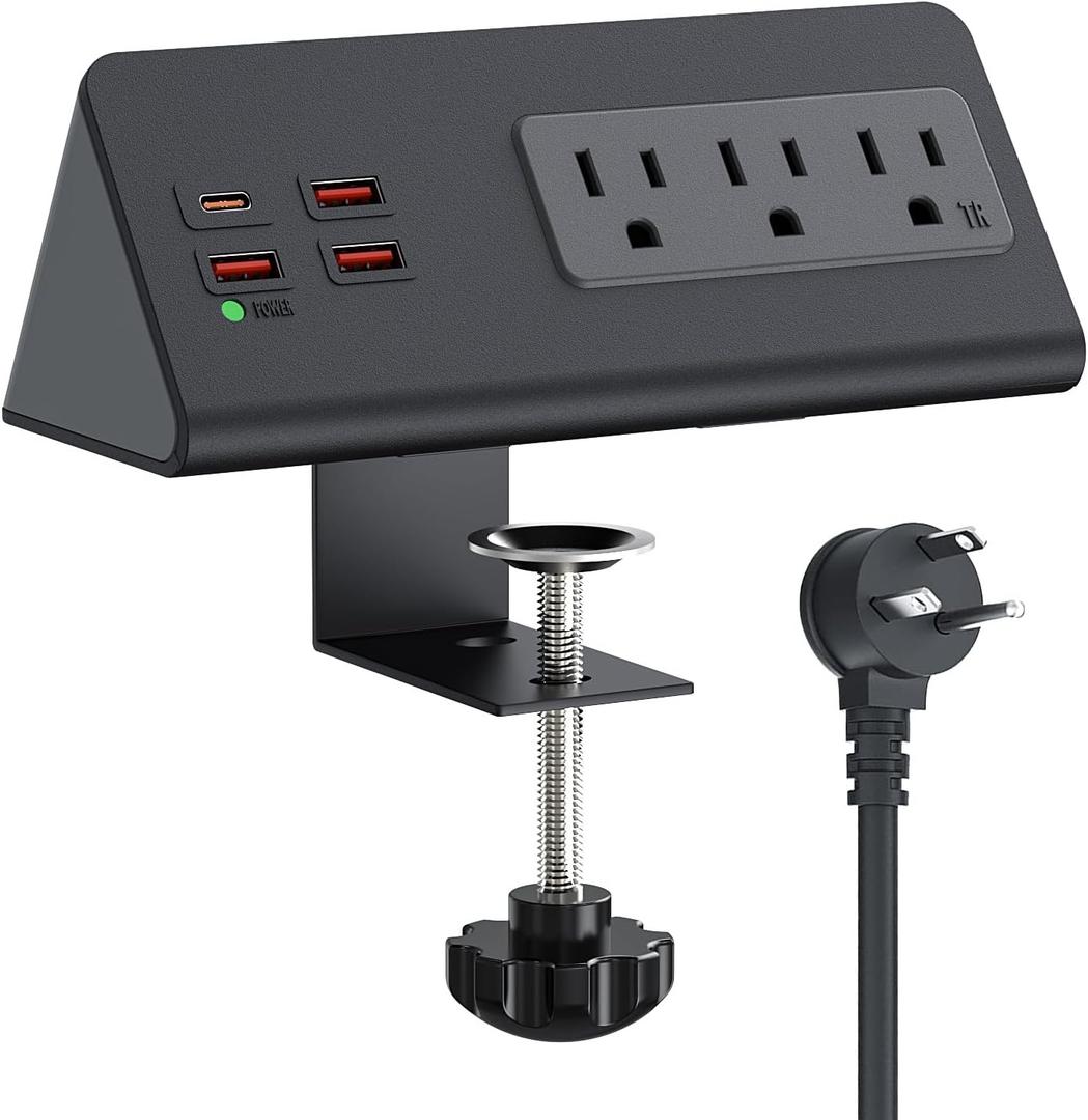 Nightstand Charging Station with PD 20W USB C, Nightstand Edge Power Strip with 3 AC Outlets, 4 Fast Charging USB Ports, Connect 6.56FT Flat Plug, Desk Surge Protector for Office Home Hotel, Black
