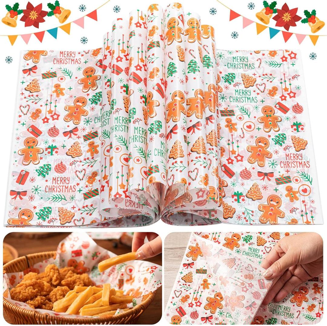 100 Pcs Christmas Wax Paper Sheets for Food, Deli Paper, Sandwich Wrap, Candy & Cookies Wraps (white biscuit)