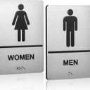 Bathroom Signs, Men's & Women's Restroom Signs for Business, Brushed Aluminum ADA Raised Braille Restroom & Bathroom Door Sign with Strong Self-Adhesive, Silver Size 9'' X 6 '' 2 Pieces Set