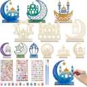 Burbell 12 Set Eid Mubarak Crafts for Kids DIY Color Your Own Ramadan Wooden Moon Star Ornament Ramadan Home Decorations Unfinished Wood Cutouts with Gem Stickers Paint Kit for Muslim Eid Al Fitr