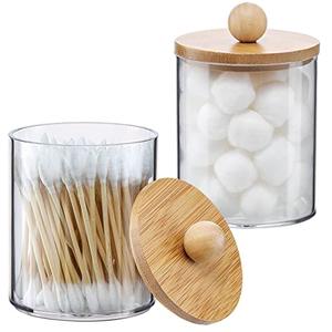 2 Pack Qtip Holder Dispenser with Bamboo Lids - 10 oz Clear Plastic Apothecary Jar Containers for Vanity Makeup Organizer Storage - Bathroom Accessories Set for Cotton Swab, Ball, Pads, Floss