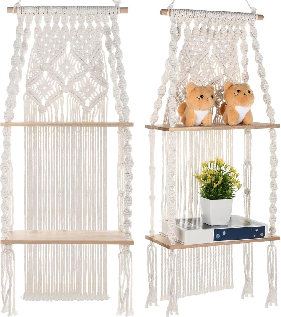 Barydat 2 Pack Macrame Wall Hanging Shelf 2 Tier Handmade Boho Hanging Wall Shelf Floating Woven Rope Decorative Storage Racks Holder Organizer for Home Bedroom Bathroom Plants, Beige (Elegant)