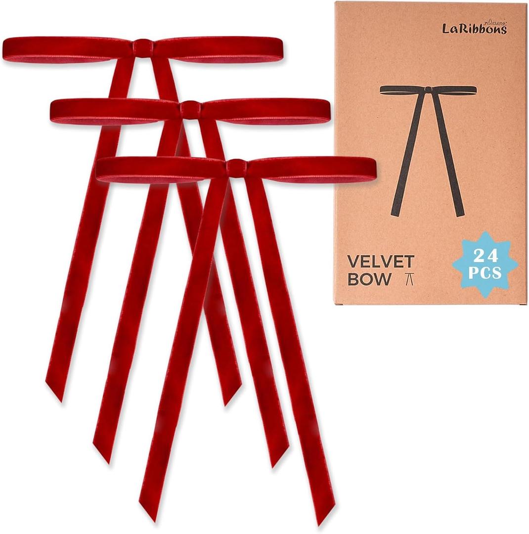 LaRibbons 24 Pcs Red Velvet Bows for Christmas Tree, Door, Garland, Wreath, 3/8" Wide, 5"x7", Vintage Style