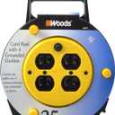 Woods Light Duty Extension Cord Reel, 25Ft, 16 Gauge, 3 Conductor, 4-Outlets, 12A Circuit Breaker, Yellow/Black, 4907