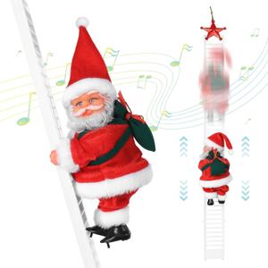 Electric Santa Ladder with Climbing Santa Claus,Singing Santa Christmas Plush Toys Decorations with Music for Xmas Tree Ornament Indoor