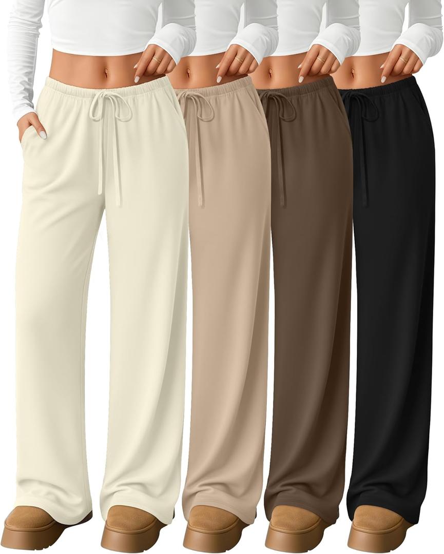 4 Pack Women's Lounge Pants Comfy Wide Leg Yoga Pant Drawstring Loose Baggy Sweatpants Open Bottom with Pockets (Black, Brown, Khaki, Cream)