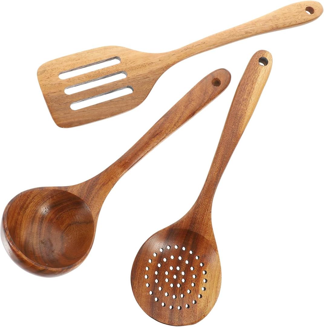 1set Non-stick Wooden Cooking Utensil Set Wok Tools for Kitchen Featuring Handle Ladle and Strainer Spoon for Home Restaurant and Camping Use