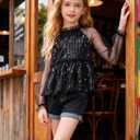 Girl Sequin Mesh Bloues Sparkle Ruffle Collar Long Sleeve Shirts Tops Black