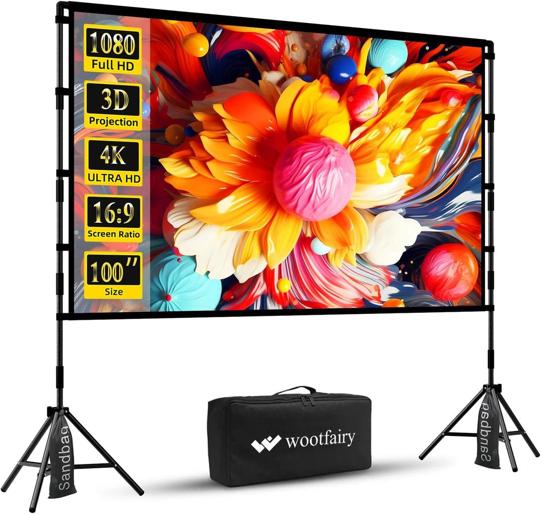 Projector Screen with Stand, Wootfairy 100 inch Foldable and Portable Projection Screen 16:9 4K HD Rear Front Wrinkle-Free Movie Screen with Carry Bag for Indoor Outdoor Home Theater Backyard Cinema