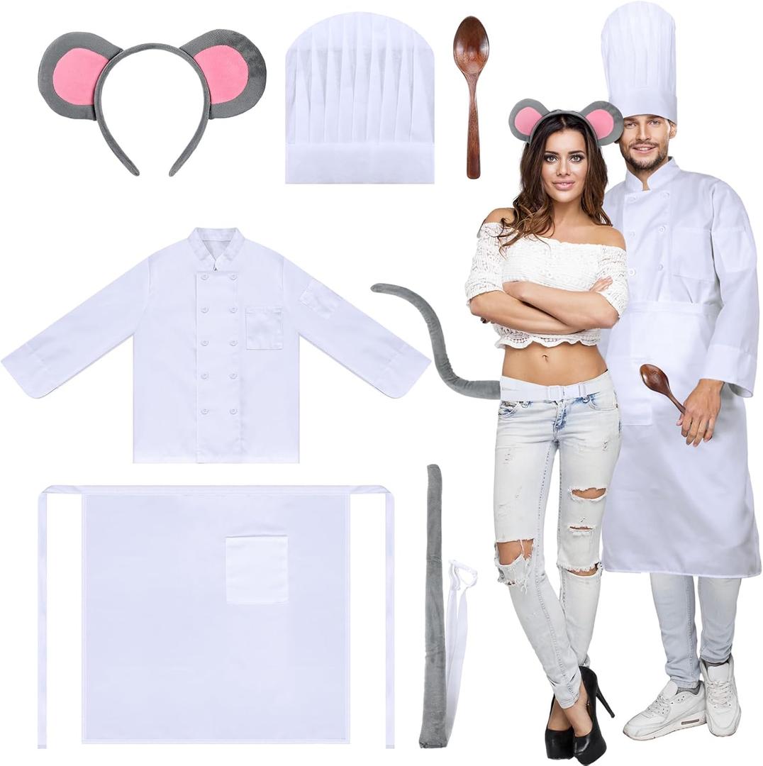 6 Pcs Halloween Mouse Costume Accessory Ear Headband Tail and Chef Costume Set Hat Apron for Men Women Adult (Medium)