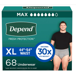 Depend Fresh Protection Adult Diapers, Incontinence Underwear for Men, Disposable, Maximum, Extra-Large, Grey, 68 Count (2 Packs of 34) 68 Count, Size: XL 44-54 in