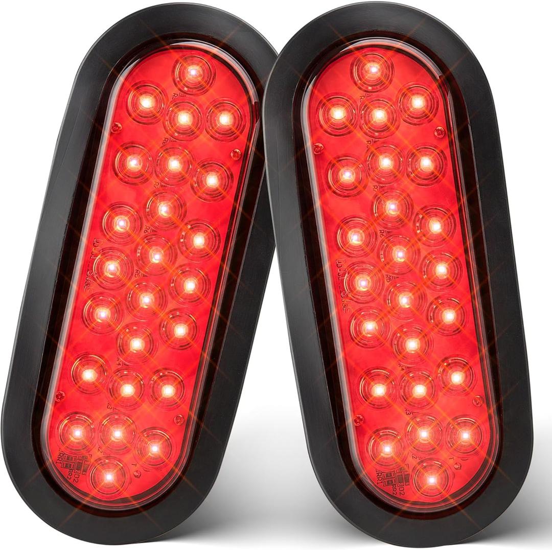Oyviny 6 Inch Oval Red LED Trailer Tail Lights 2PCS, Super Bright 24LEDs Oval 6" Brake Turn Stop Tail Lights with Flush Mount Grommets DOT SAE Certified for RV Truck, Bus, Trucks