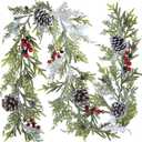 6' Long Snowy Artificial Pine and Cedar Christmas Garland with Pine Cones Red Berries Winter Greenery Garland for Christmas Wedding Winter Seasonal Holiday Table Runner Centerpiece Mantel Decoration