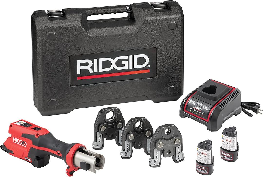 RIDGID 78158 RP 251 Compact Press Tool Battery Kit with ProPress Jaws (1/2" to 1"), In-Line Pressing Tool for Copper, Stainless Steel, PEX, and Carbon Steel