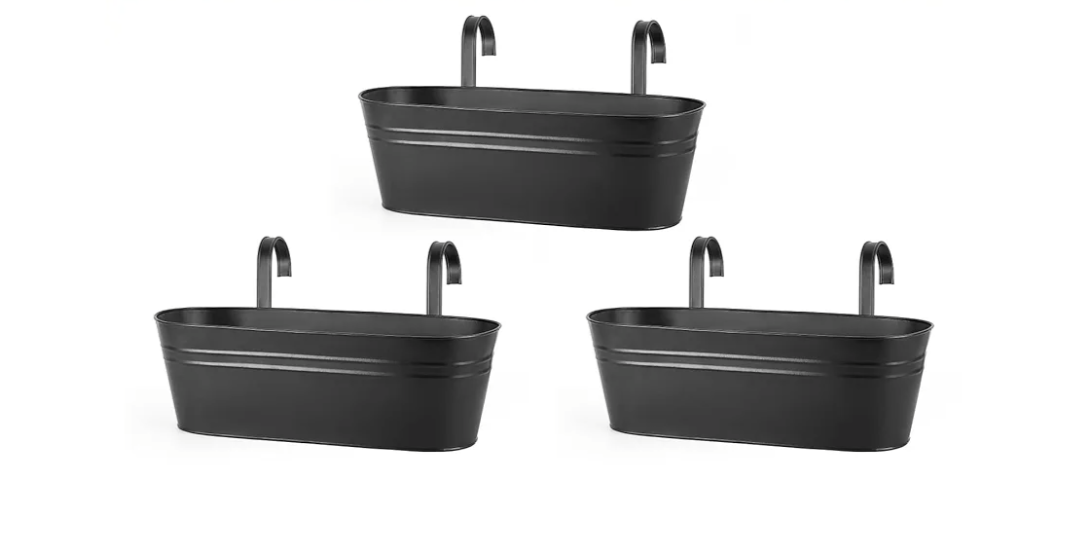 Dahey 3 Pcs Metal Hanging Flower Pots for Railing Fence Outdoor Planter 15.7 Inch Hanging Bucket Pots Countryside Window Flower Plant Holder with Detachable Hooks for Garden Yard Home Decor,Black