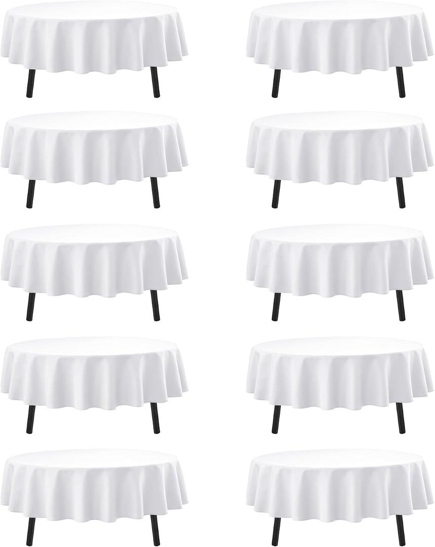 10-Pack White Round Tablecloths, 70 Inches, Stain-Resistant Polyester for 3-4 Ft Round Tables - Washable Table Covers for Weddings, Banquets, Birthday Parties, Events