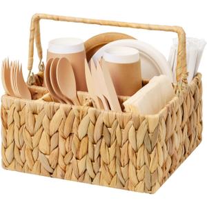 StorageWorks Wicker Silverware Organizer with Handle, Water Hyacinth Kitchen Utensil Holder, Large Utensil Holder for Kitchen Counter, Spoon Forks Cutlery Caddy, Paper Plate Dispenser for Countertop