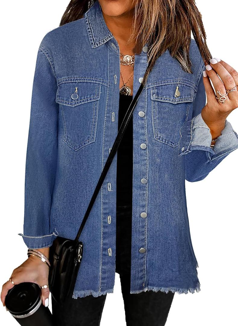 Women's Oversized Jean Jacket Casual Long Sleeve Denim Shirts Distressed Frayed Hem Denim Jackets Fall Outfits 2025 (Medium)