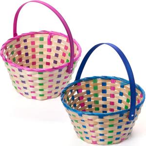 JOYIN 2 Pcs Easter Bamboo Plaid Basket, Blue Pink Round Woven Goodie Empty Gift Basket with Folding Handle, Candy Toys Storage Bucket for Easter Egg Hunt, Kids Party Treats Picnic & Favor(11" x9.5")