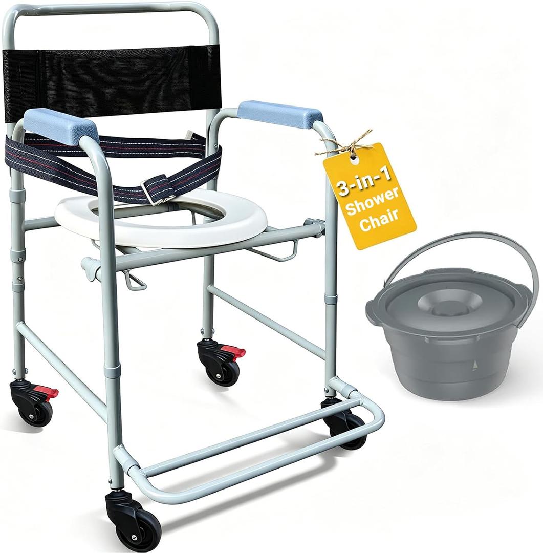 Aliseniors 3-in-1 Shower Chair with Wheels, Portable Bedside Commode & Toilet Safety Rail, Rust-Proof Rolling Commode for Elderly & Disabled, Fits Narrow Bathroom Doors, Waterproof, 250 lbs Capacity