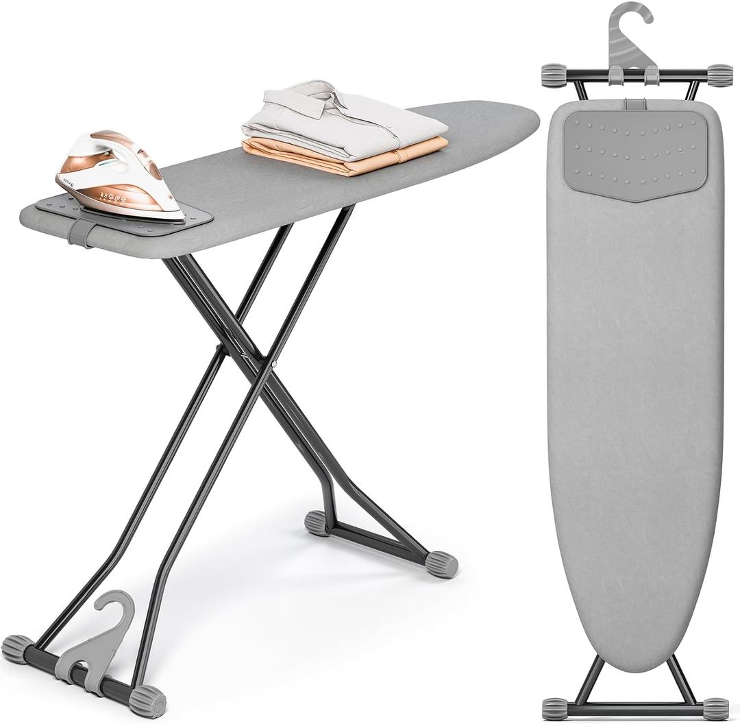 APEXCHASER Ironing Board, Compact Iron Board with Silicon Mat, Foldable Ironing Board with Heat Resistant Cover, 7 Height Adjustable, Space Saver Iron Board,13x43 Solid Grey