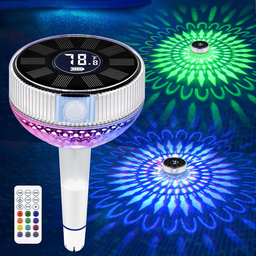 Likiyol 2025 Upgraded Pool Thermometer Floating Easy Read with Colorful Light Show & Remote Control, Solar Digital Pool Temperature Thermometer IP68 Waterproof for Pools Ponds Hot Tubs