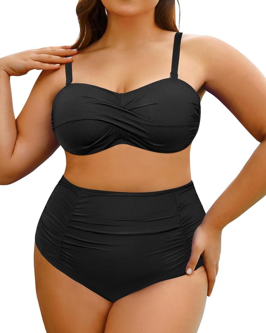 Yonique Women Plus Size Two Piece Swimsuits High Waisted Bathing Suits Bandeau Bikini Tummy Control Swimwear Anti-Slip Strip Black 18W