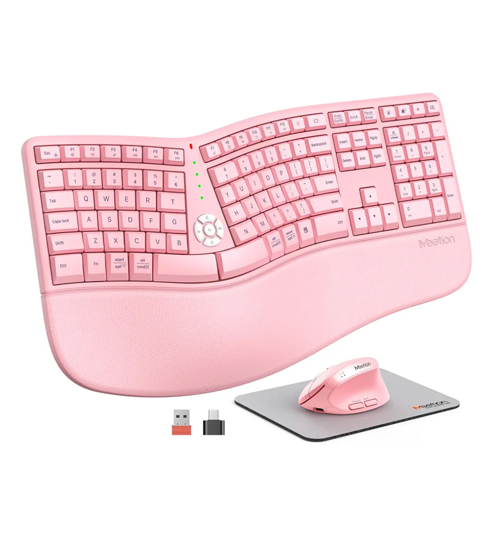 MEETION Ergonomic Keyboard and Mouse, 2.4G USB Wireless Split Keyboard with Soft Palm Rest, 4 DPI Adjustable Vertical Mouse, Full Size Rechargeable Windows/Mac/Computer/Laptop, Pink