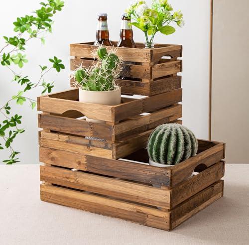 Venalys Set of 3 Nesting Wooden Crates, Rustic Wooden Storage Container Boxes with Cutout Handles, Decorative Farmhouse Wood Baskets for Display (Natural)
