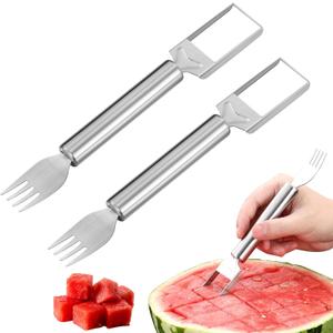 Stainless Steel Melon Cutter Balls, 2 in 1 Watermelon Fork Slicer Cutter, Portable Watermelon Cutter Slicer Tool, Fruit Carving Knife for Salads, Ice Cream, Fruit and Vegetables (Pack of 2) x4 
