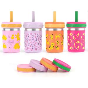 Sursip Toddler Stainless Steel Cups with Lids and Straws, Spill Resistant Sippy Cups Kids Tumbler with Silicone Straws for Smoothie, Drinking, Snacks, BPA-Free, Dishwasher Safe - 15 oz (4 Packs)