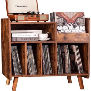 Record Player Stand, Large Record Player Table Cabinet with Open Vinyl Storage and Display Shelf Holds up to 350 Albums, Mid Century Wood Turntable for Living Room, Bedroom (Brown)