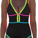 popvil Women One Piece Swimsuit 2025 Tummy Control Sexy Cutout Neon Color Block Bathing Suit Deep V Neck Adjustable Swimwear, Black Medium