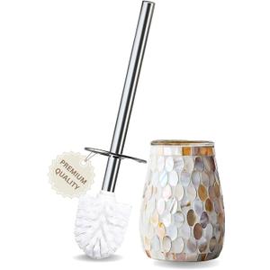 Escenzy Modern Toilet Brush and Holder Set | Natural Shell Mosaic Glass | Non-Rustic Stainless Steel | Practical & Decorative Toilet Bowl Brush and Holder | Luxury Bathroom Accessories