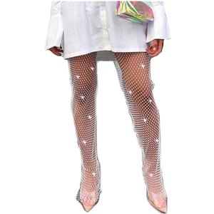 Yokawe Rhinestones Fishnet Pants Black Mesh See Through Leggings Sexy Cover Up Hollow Out Outfit Nightclub Rave Festival Body Chain for Women and Girls
