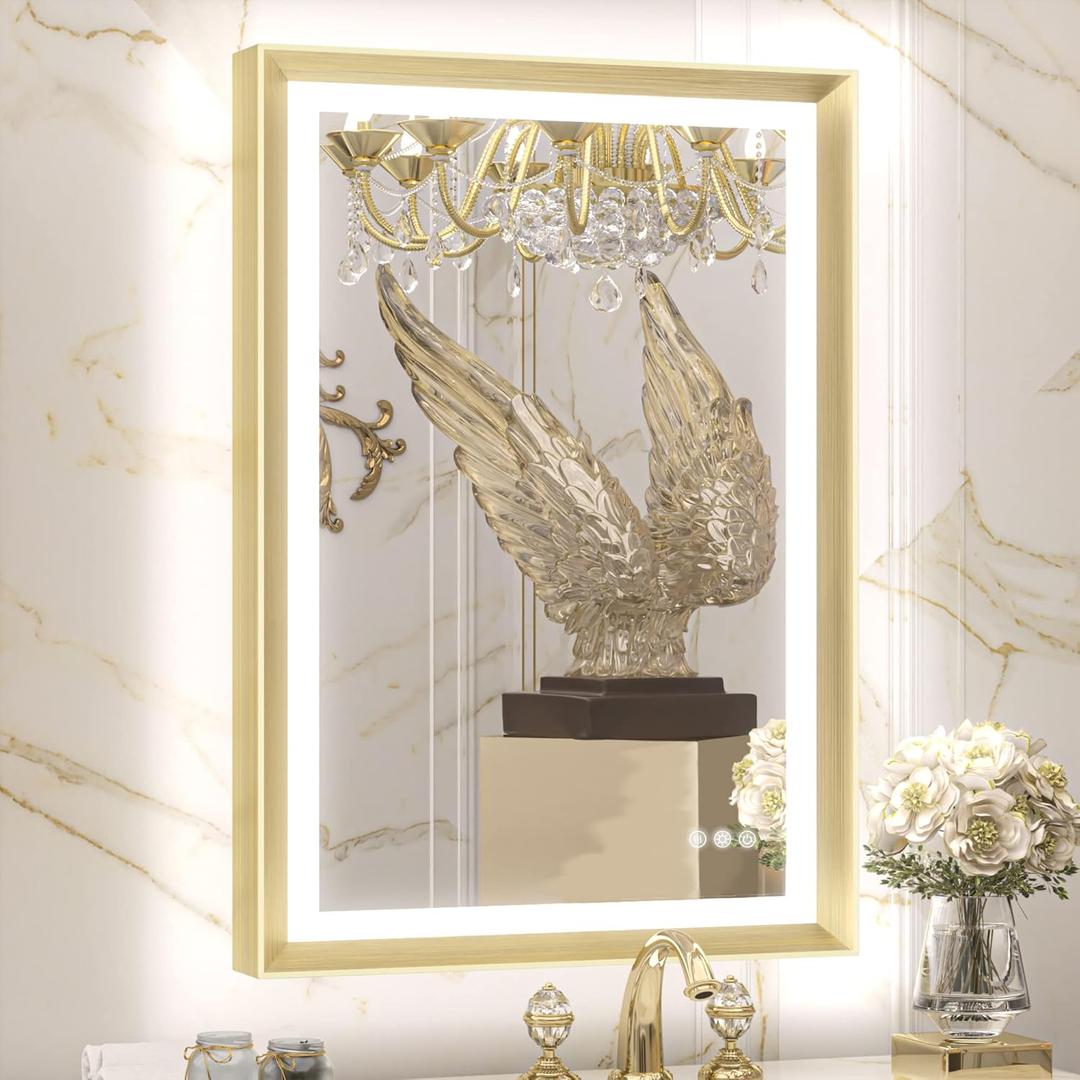 TETOTE Gold LED Bathroom Mirror with Lights 24x36 Frontlit & Backlit Vanity Framed Mirror Baroque Anti Fog Stepless Dimmable White/Warm/Natural,CRI90+,Waterproof,Wall Mounted(Horizontal/Vertical) (36"L x 24"W, Brushed Gold)