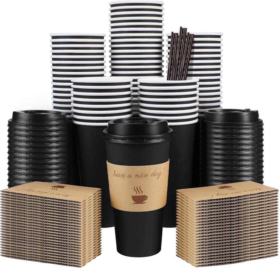 Clawsoff 50 Pack 20 oz Coffee Cups with Lids, Disposable To Go Paper Coffee Cups with Sleeves and Stirring Sticks for Hot/Cold Drinks Office Home Shop Event (Black)