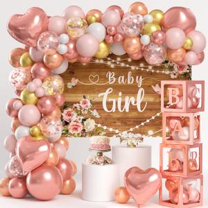 Floral Baby Shower Decorations for Girl, Baby Boxes with Letters/Photo Backdrop/Rose Gold and Pink Balloon Arch/Foil Balloons, Birthday Party Supplies Baby Girl Shower Decorations
