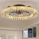 Flush Mount Ceiling Fan with Light, 22" Modern Crystal Chandelier Ceiling Fan with Smart 4-Light Color Change, Dimmable LED Ceiling Fan, 6 Wind Speeds, Low Profile Ceiling Fan for Bedroom (Black - 22 Inch)