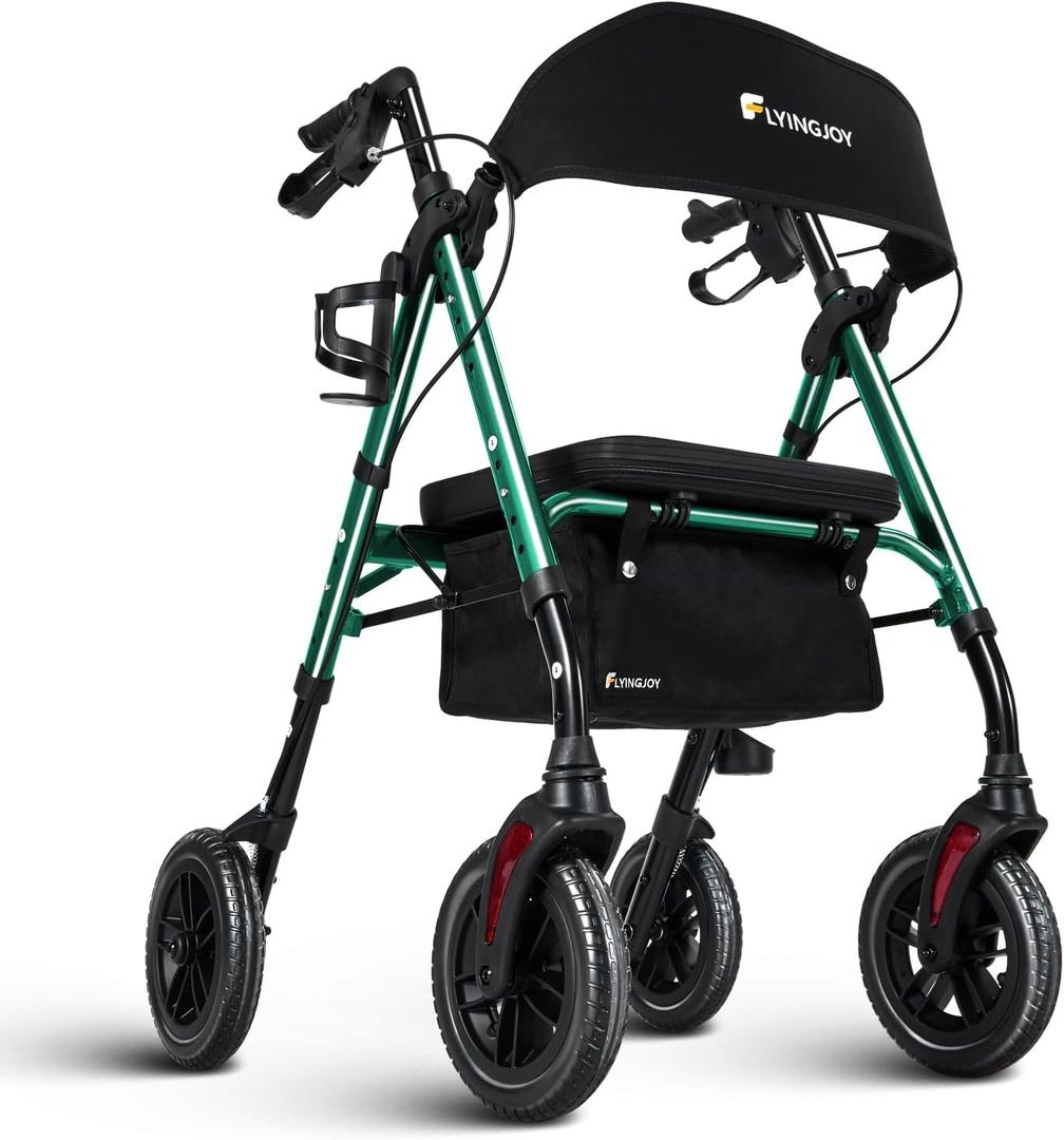 Rollator Walker with Seat and Brakes, 300 lbs Adults Bariatric Walker for Seniors with Extra Wide Backrest, Lightweight Folding Adjustable Height, All Terrain Rolling Walker 8 Inch 4 Wheels